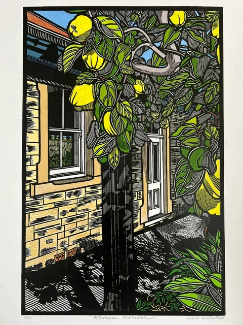Afternoon Verandah — hand-painted linocut by Gail Kellett