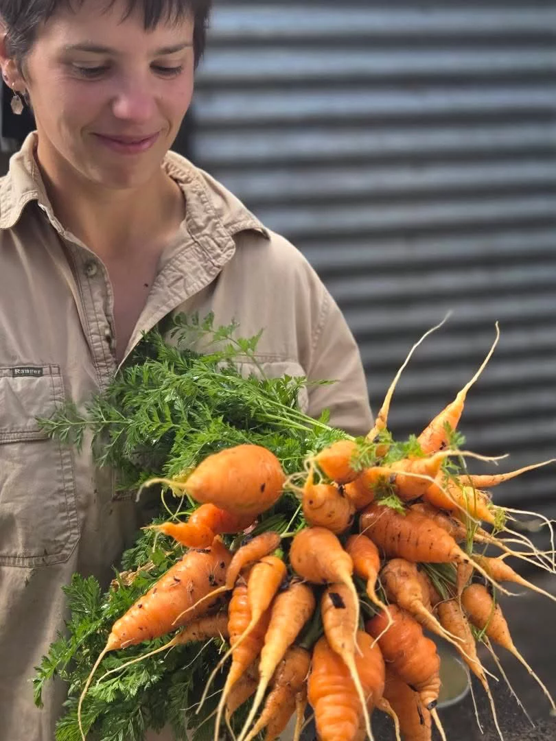 Sammy holding freshly harvested carrots at The Salopian Inn