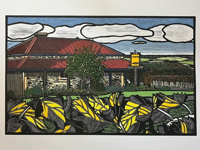 The Inn — hand-painted linocut by Gail Kellett