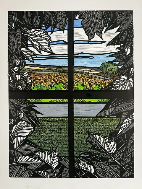 Through the Window — hand-painted linocut by Gail Kellett